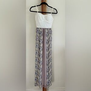 Lily Rose White Lace Top Maxi Dress with Blue Floral Pattern NWT